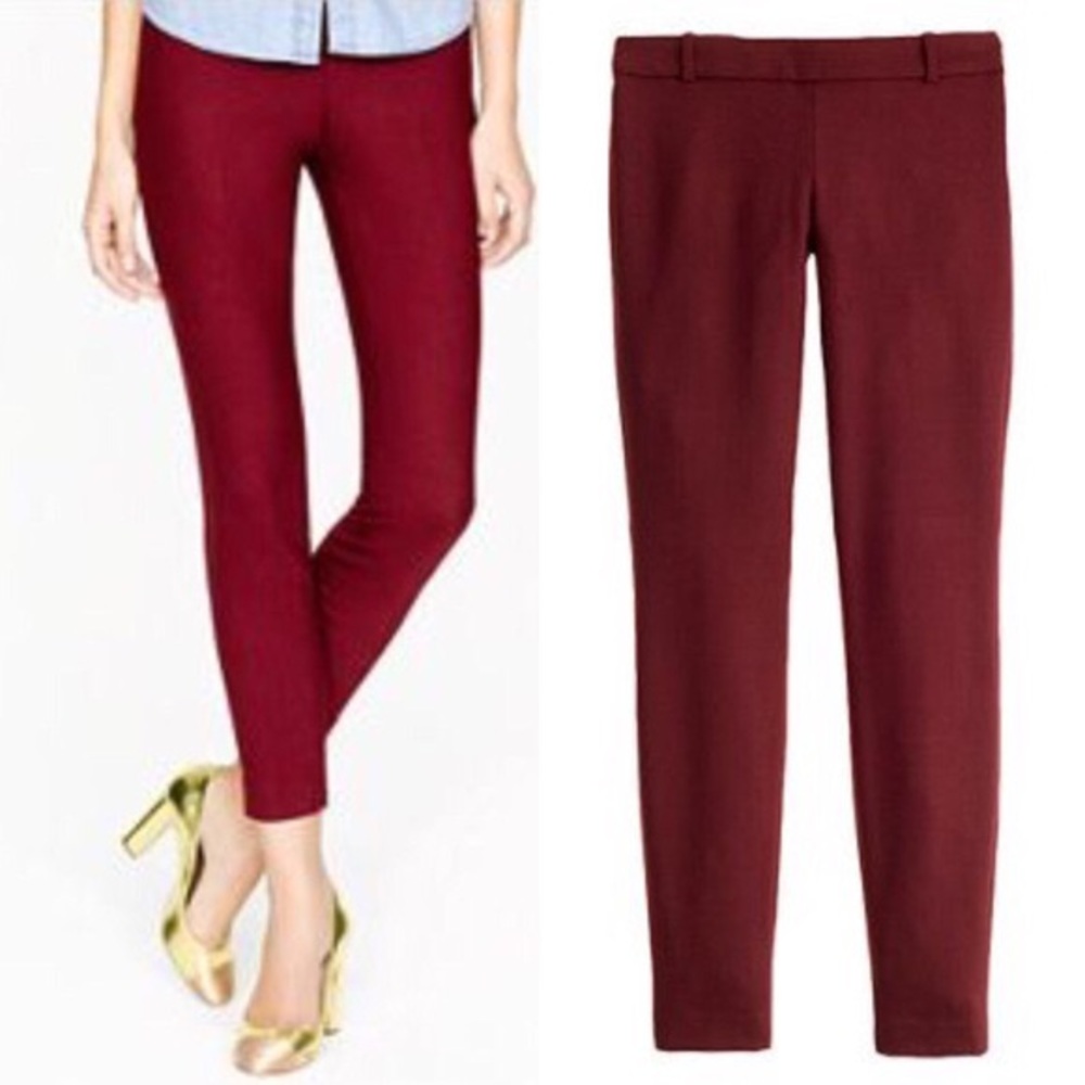 Flattering J.Crew Minnie ankle pant in Cabernet bi-stretch wool.